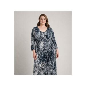 Lauren Ralph Lauren Dress 18 Navy Ivory Abstract Print Faux Wrap Midi Stretchy